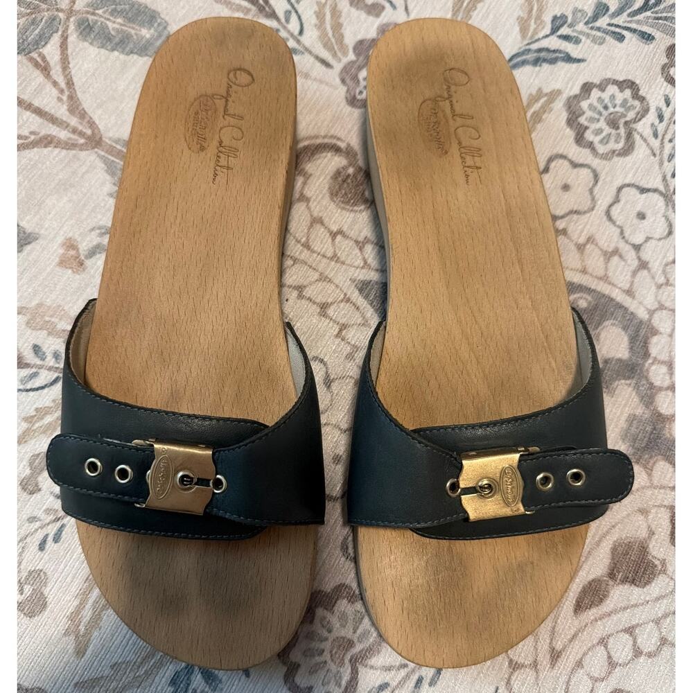Dr. Scholls Original Clog Shoes Womens Size 10 Navy Leather Wood Slide Sandals - Picture 2 of 7